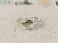 Engagement rings and wedding band stacked