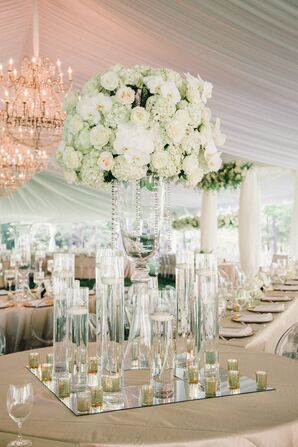 Tall Hydrangea and Rose Centerpiece on Mirror Pedestal