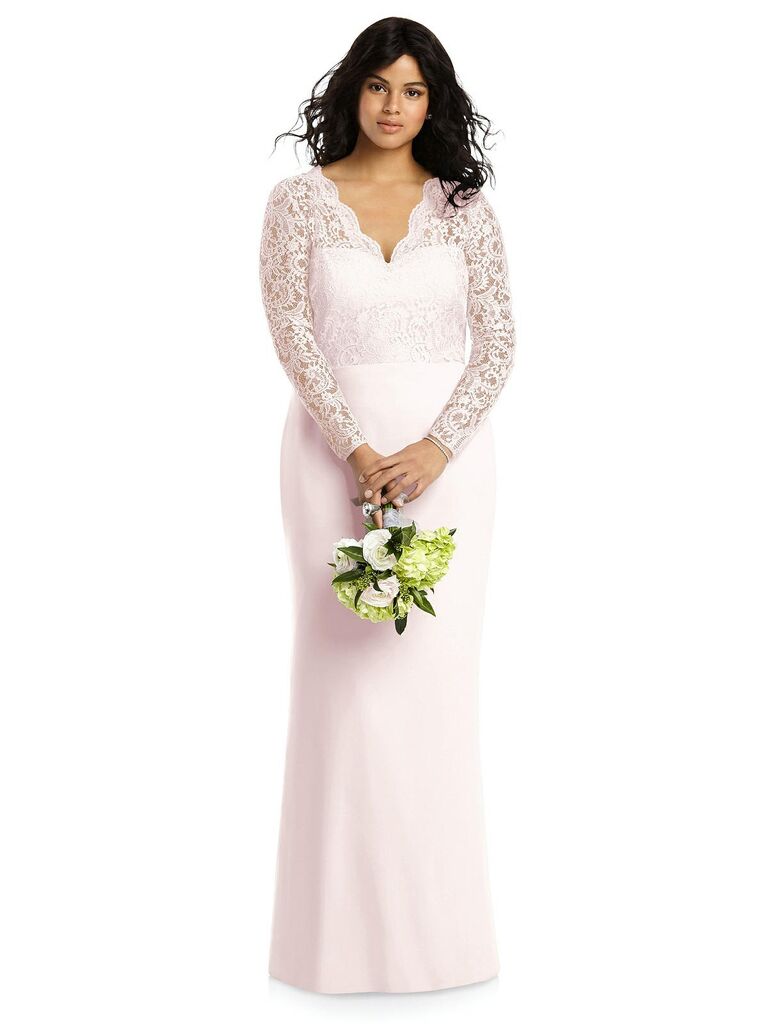 Light blush lace bridesmaid dress with long sleeves