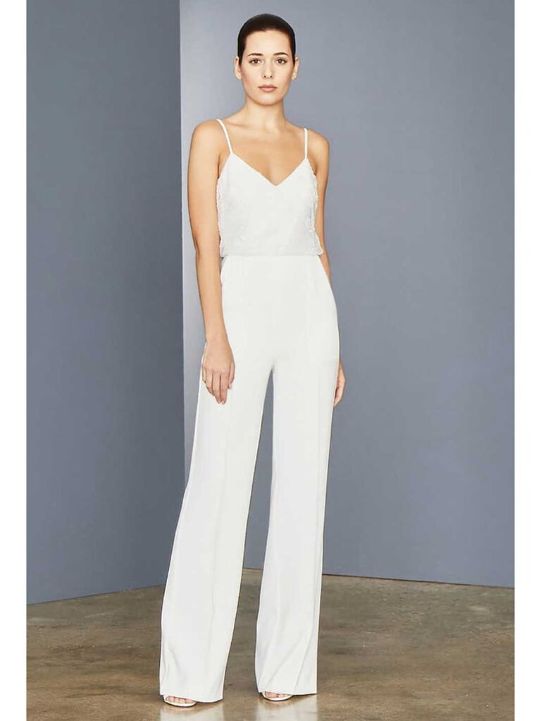 Beaded V-neck white jumpsuit