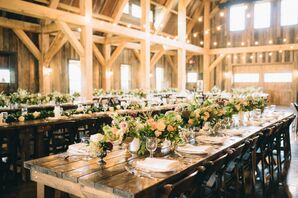 Rustic and Intimate Wedding Reception With Uncovered Farm Tables and String Lights