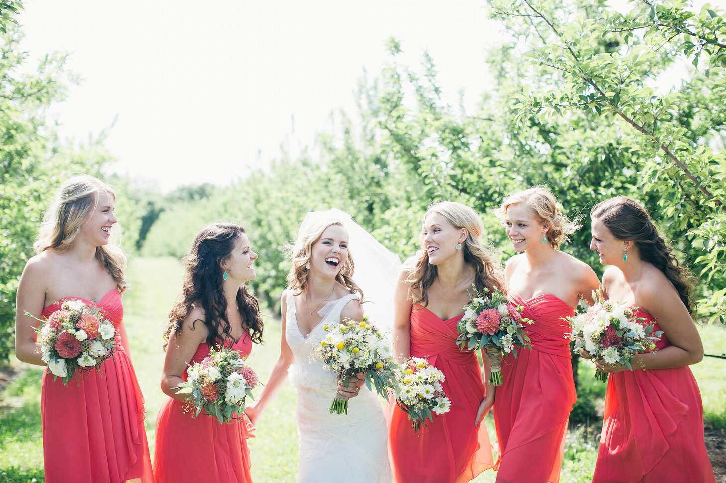 Strapless Coral Pink Bridesmaid Dresses