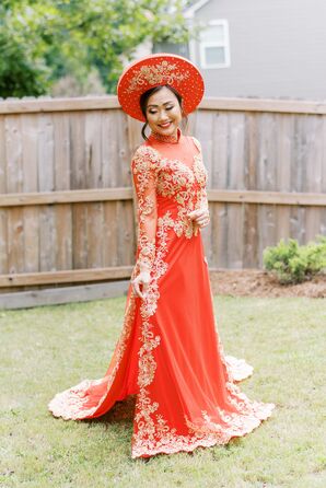 Bride on Red-and-Gold Traditional Vietnamese Ao Dai