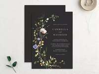 Black The Knot wedding invitation with delicate watercolor flower design
