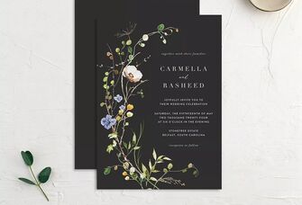 Black The Knot wedding invitation with delicate watercolor flower design