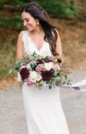 Bohemian Bouquet of Grains, Greenery, Burgundy Dahlias, Roses and Ranunculus