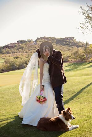Bride and Groom with Dog at Arizona Wedding