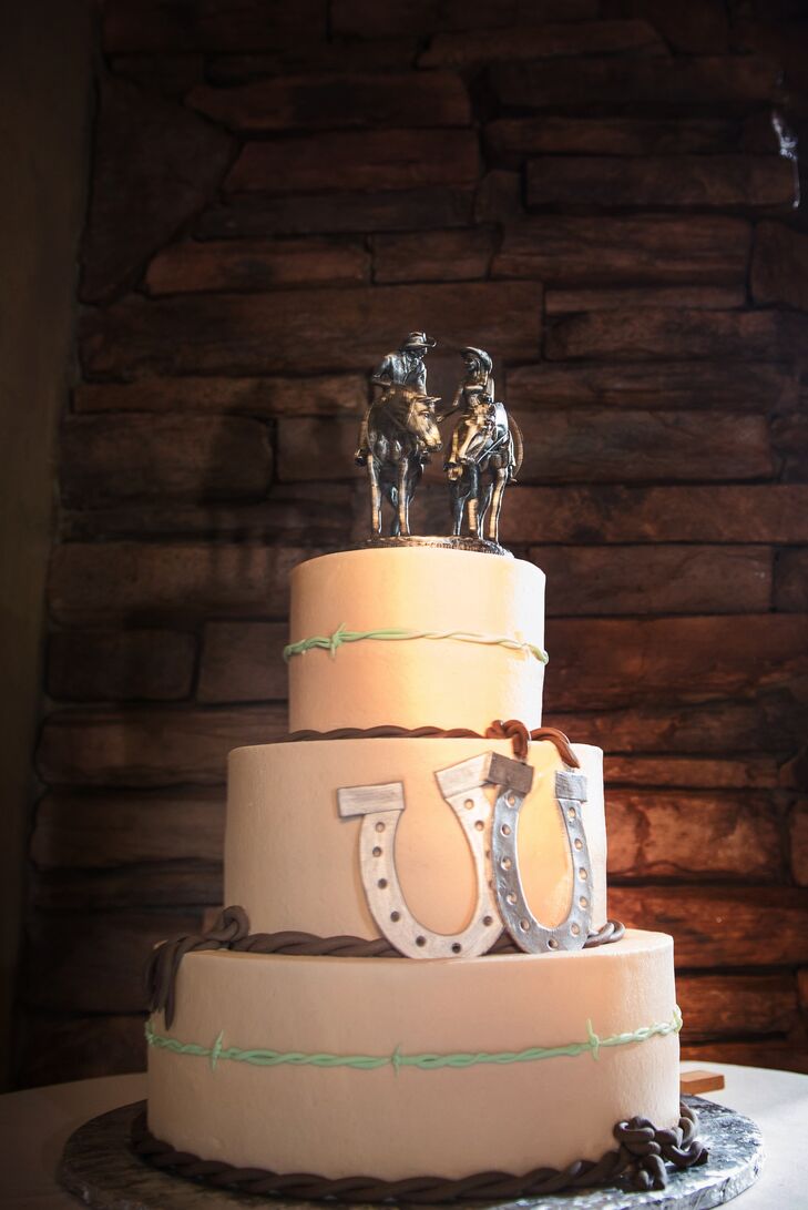 Wedding Cake with Horseshoes and Western Horse Toppers