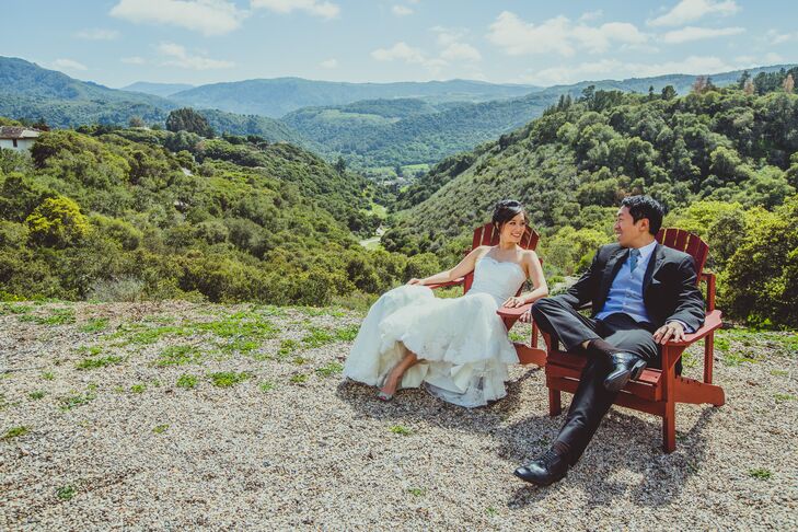The couple sat leisurely at a spot overlooking the rolling green hills of Carmel Valley, California.