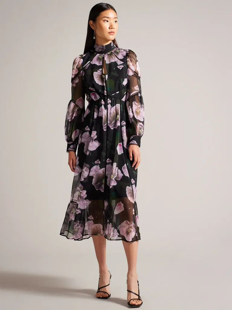 Black Floral Midi Dress With Ladder Lace for grandmother of the groom