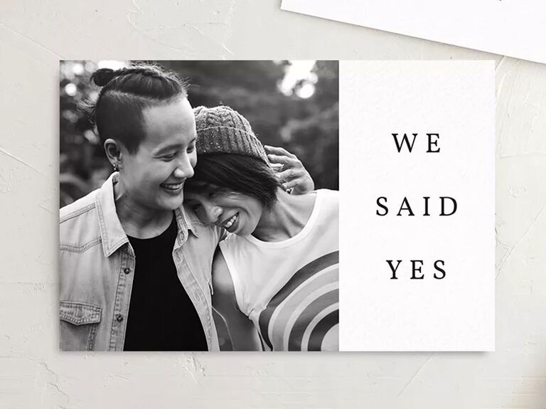 Black and white We Said Yes engagement party invite postcard