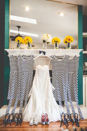 Navy Striped Bridesmaids Dresses and Shoes