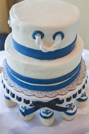 Two-Tier White and Blue Nautical Wedding Cake