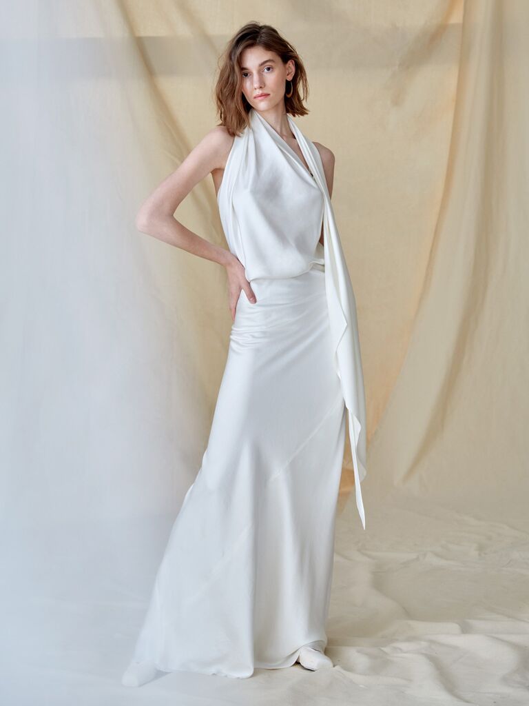 Cortana silk dress with a halter neckline. 