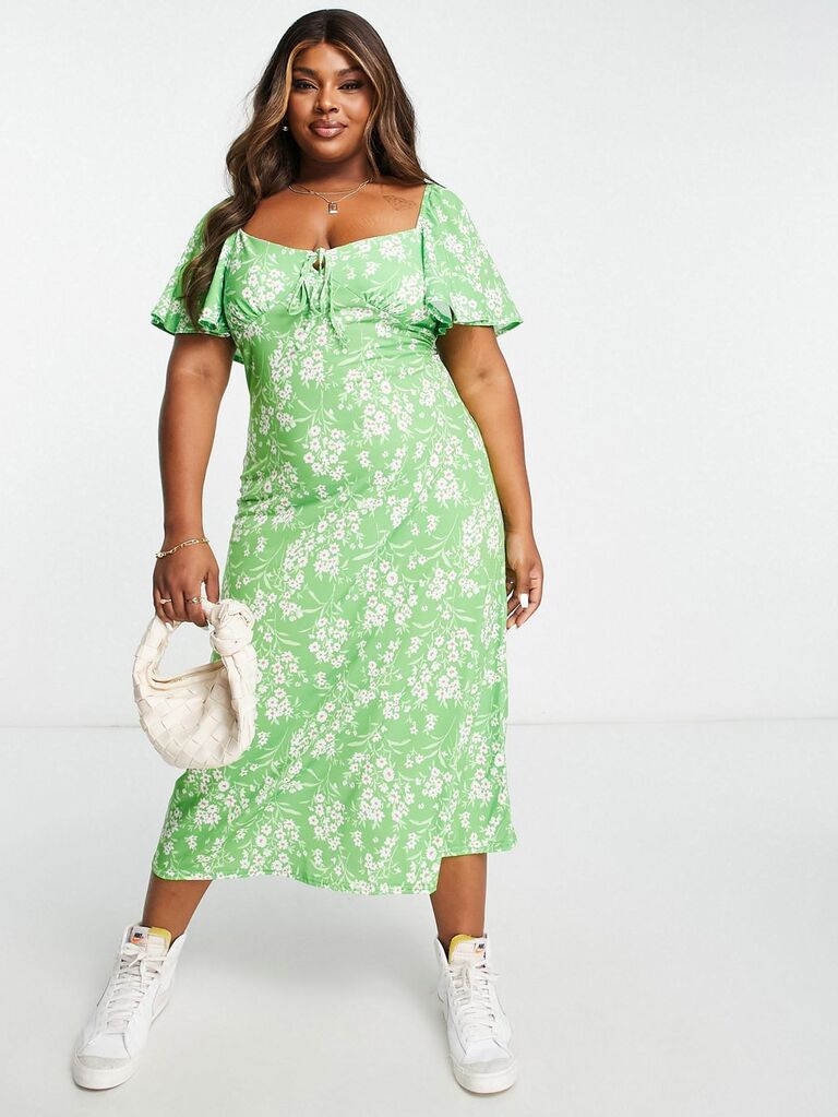 Green and white floral print midi dress from ASOS DESIGN