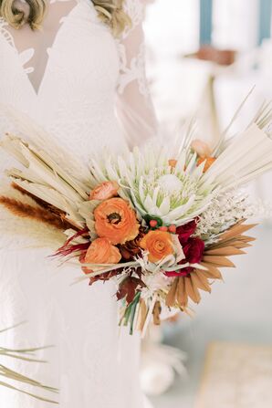 Boho Bouquet With Dried Palm Fronds and Protea