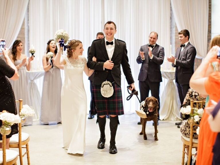 Recessional with groom in kilt at Celtic wedding ceremony