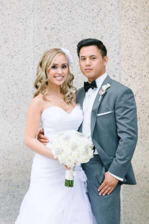 Bride with a Rosette Hair Accessory, Groom in a Gray Tuxedo