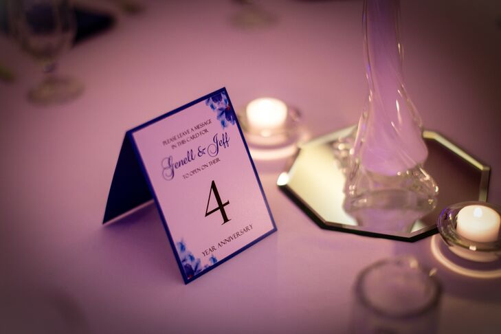 “The table numbers were done in the design of our wedding invitations,” says Genell. “We asked our guest to write down wedding wishes and thoughts for us. On each year of our anniversary, we will open the table number for the corresponding year of our anniversary and read the wedding wishes of our guest.”