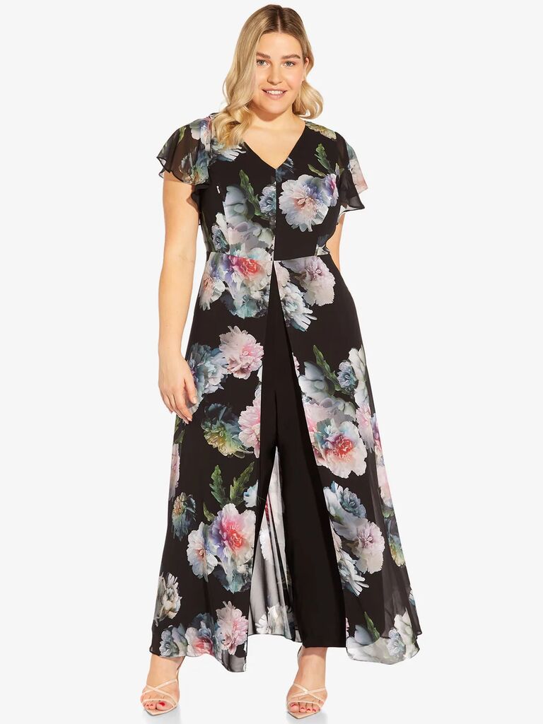 floral satin wedding guest jumpsuit for spring wedding attire