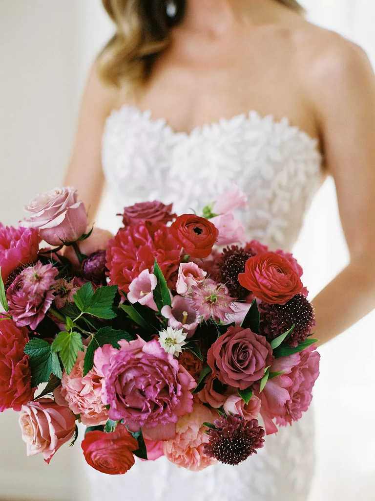 Pink and Red Bouquet With Roses, Peonies and Scabiosa