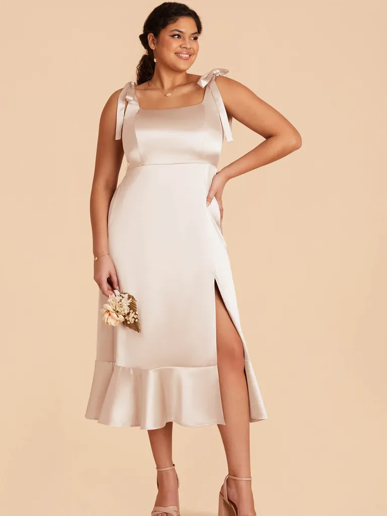Satin champagne convertible bridesmaid midi dress