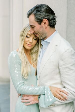 Engagement Photos, Bride in Sequin Blue Dress, Bell Sleeves, Groom in Off-White Suit