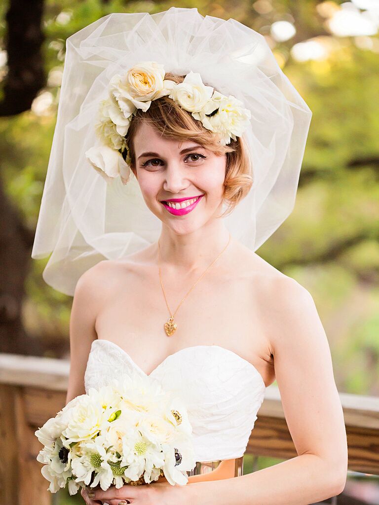 Wedding flower crown styled with a veil