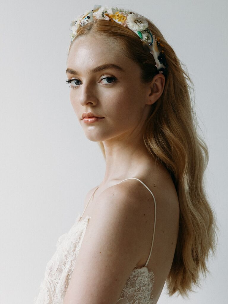 Floral bridal headband by Jennifer Behr. 