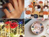 Collage of various gift items for her, including a ring, a rose sampler, a glass rose, and a ring dish. 
