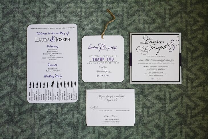 Keeping with the black, white and purple tones in Laura and Joseph's wedding colors, their wedding invitations had the same color scheme with elegant and whimsical calligraphy.