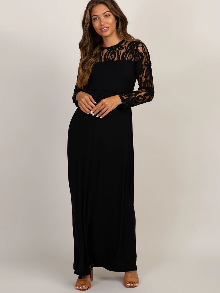 PinkBlush black-tie pregnant wedding guest dress with lace sleeves and rounded neckline