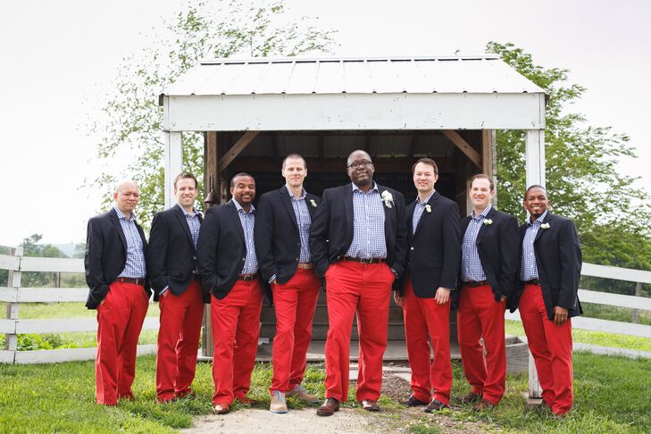 Anthony wanted to have a “New England prep” look on his wedding day, so he chose navy-and-white gingham shirts, navy blazers and bright red pants.