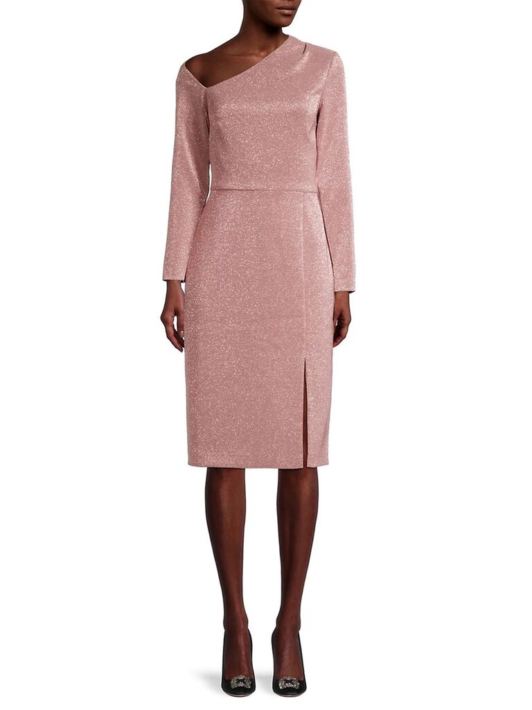 saks fifth avenue rose gold metallic pastel dress for wedding guests with asymmetrical long sleeves slit and sparkles