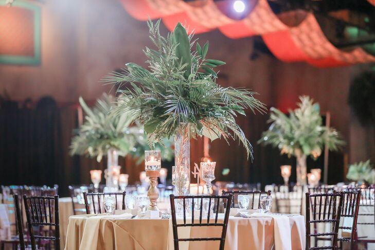 Tall Centerpieces with Palm Leaves and Greenery