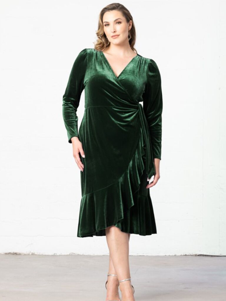 Green velvet wrap dress from Kiyonna