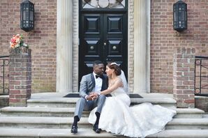 Elegant Formal Gray Tuxedo and Strapless Lace Gown