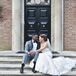 Elegant Formal Gray Tuxedo and Strapless Lace Gown