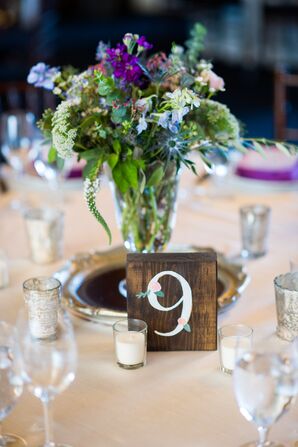 Centerpieces with Wildflowers and Wood Block Table Numbers