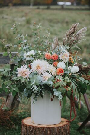 Textured Plants, Dahlias and Maroon Scabiosa Floral Arrangements