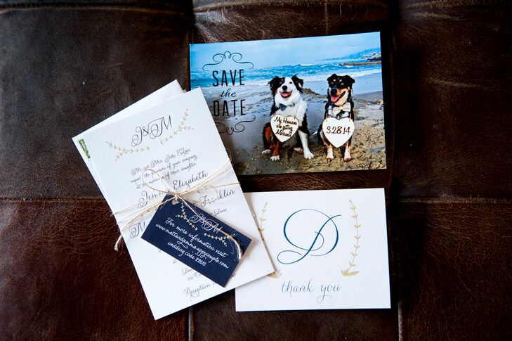 While the couple opted for a classic, whimsical design for their wedding invitations, they opted to have a little fun with their save-the-dates, incorporating a photo of their two dogs into the design.