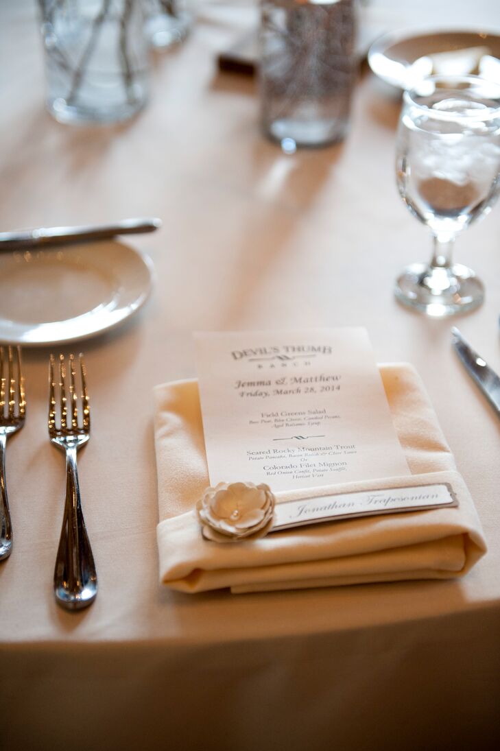 Classic Menu Cards with Burlap Flower Place Cards