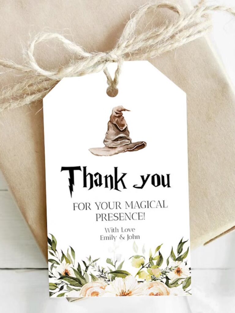 Thank you tag with sorting hat above message and floral details on bottom