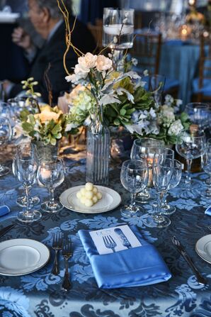 Vintage Blue Table Linens and Silver Vase Centerpieces