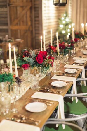 Christmas-Themed Tablescape for Wedding at Terrain at Styers in Glen Mills, Pennsylvania