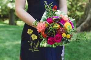 Vibrant Textured Bouquet with Proteas and Folded Leaf Halo