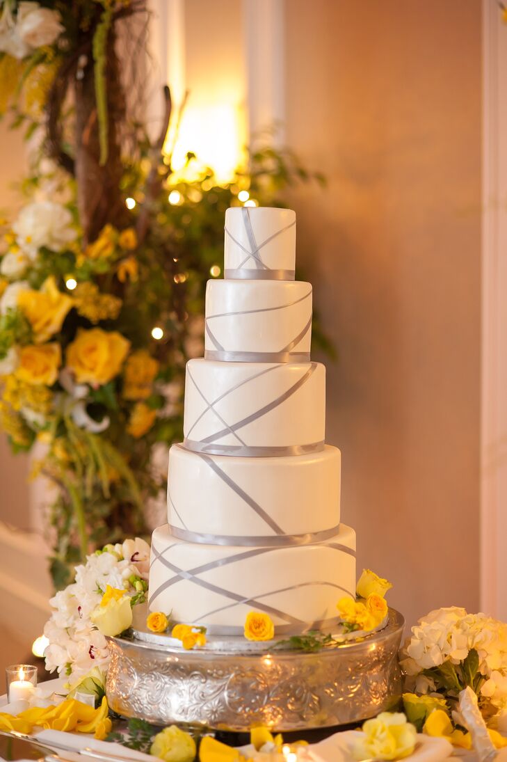 Five-Tier Wedding Cake with Silver Ribbon