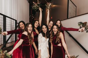 Bride and Bridesmaids in Red Dresses