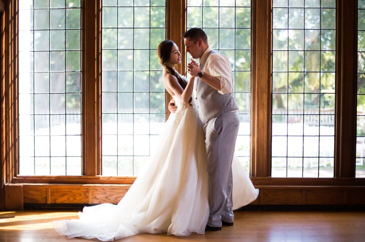 Denise picked out an elegant white strapless wedding dress for the day, with a ball gown skirt that draped elegantly down to the ground. The bodice had gemstone accents that gave Denise's look an extra sparkle and shine.