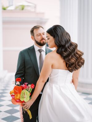 Bride With Bright, Bold Bouquet and Big Glamorous Wave Hairstyle, Groom in Olive